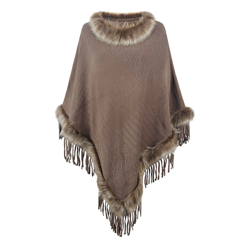 Damen eleganter Poncho mit luxuriösem Kunstfellkragen und dekadenten Fransen Merchesia
