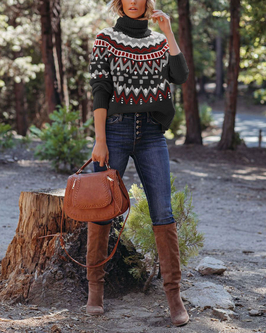 Damen Modischer Strickpullover mit Stehkragen und geometrischem Muster Merchesia