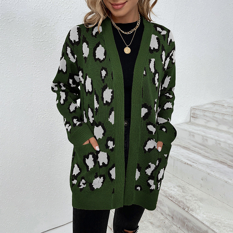 Damen modische Strickjacke mit Leopardenmuster und praktischen Taschen Merchesia