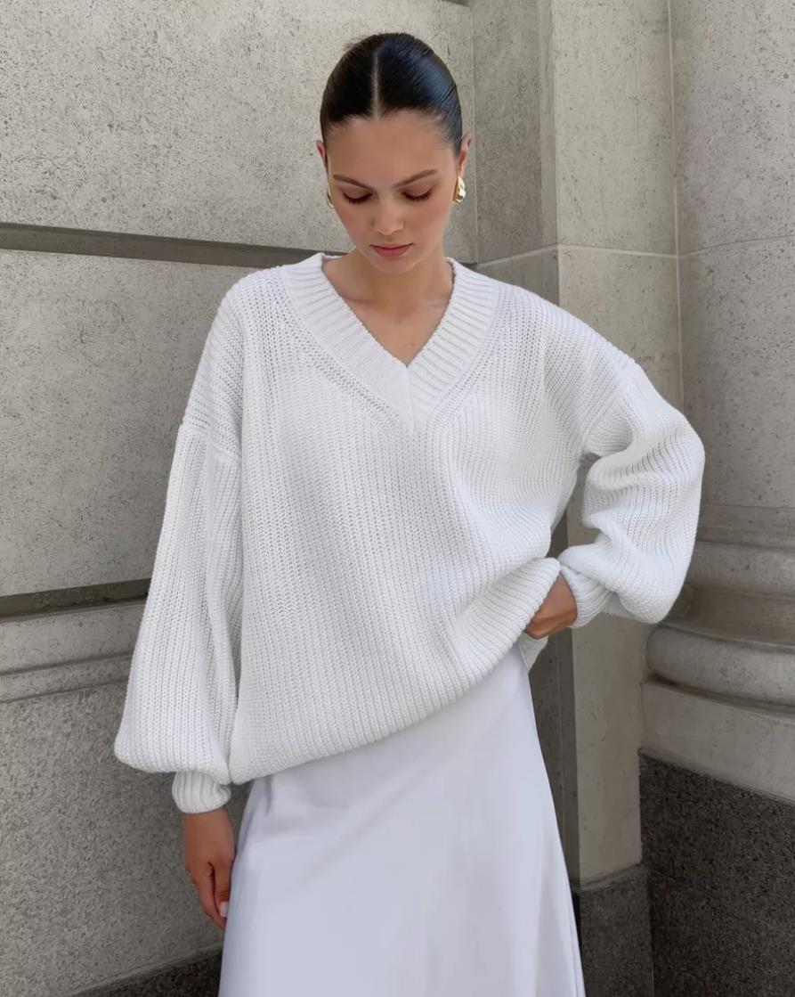 Damen lässiger Pullover mit V-Ausschnitt und voluminösen Ärmeln Merchesia