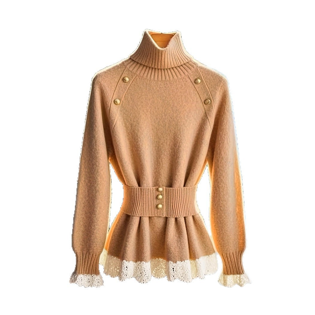 Damen eleganter Strickpullover mit hochgeschlossenem Kragen und dekorativen Knopfdetails Merchesia