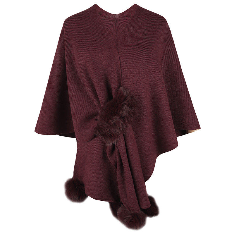 Damen eleganter Poncho mit luxuriösem Kunstfellbesatz Merchesia