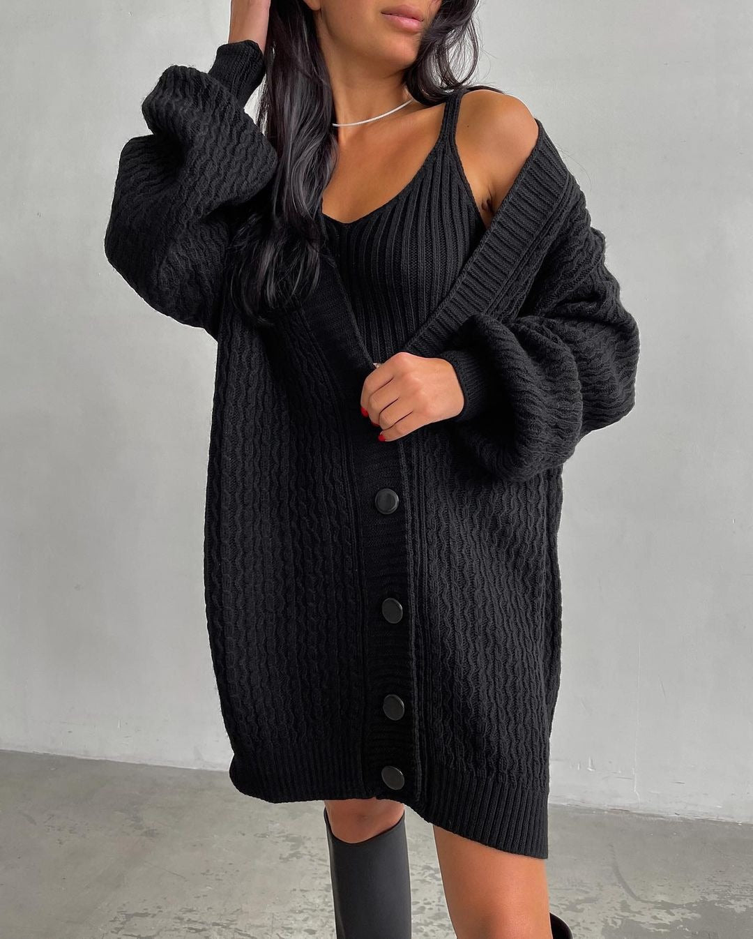 Damen Großer Strickcardigan mit Knopfleiste und Ballonärmeln Merchesia