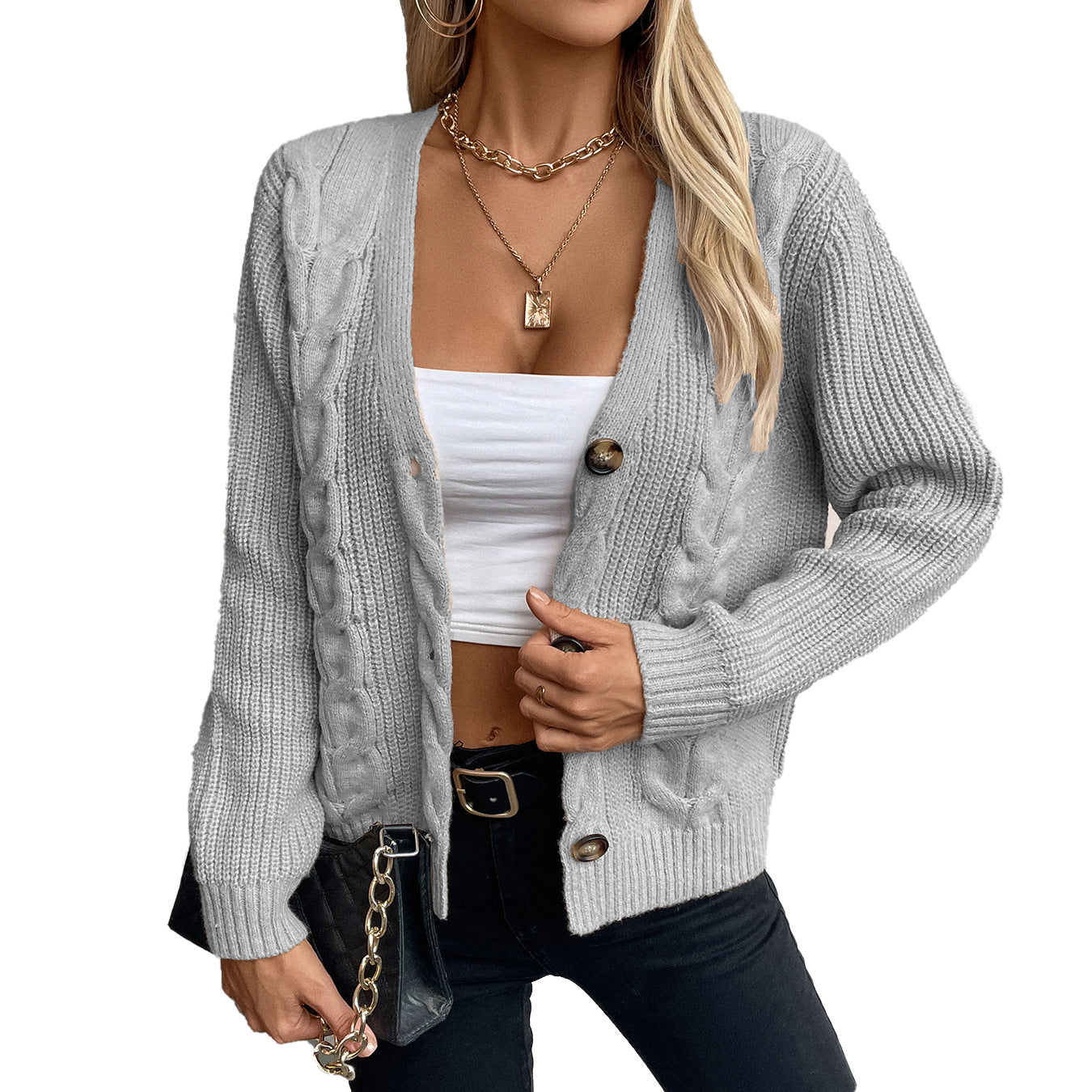 Damen Strickjacke mit Zopfmuster und Knopfdetails Merchesia