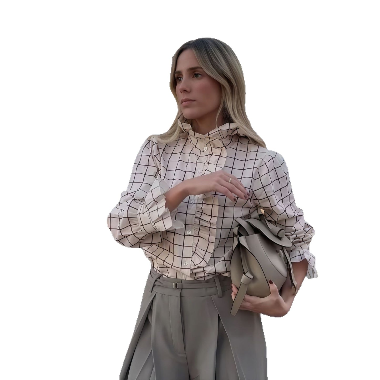 Damen Karierte Bluse mit eleganten Rüschendetails Merchesia