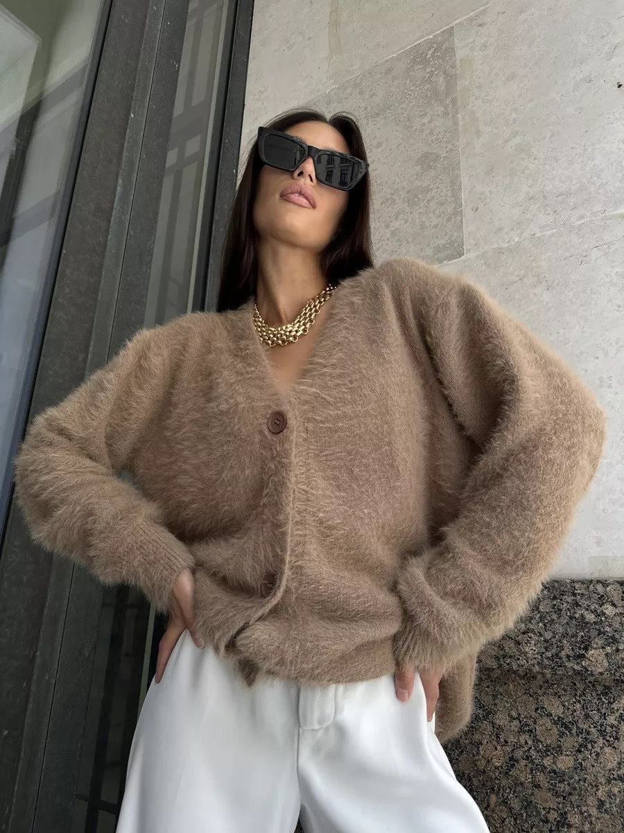 Damen Flauschige Strickjacke mit offenem Design und weichen Ärmeln Merchesia