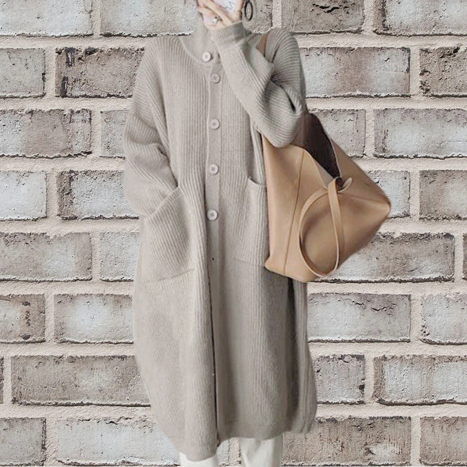 Damen Länger geschnittener Strickcardigan mit Knopfverschluss und aufgesetzten Taschen Merchesia