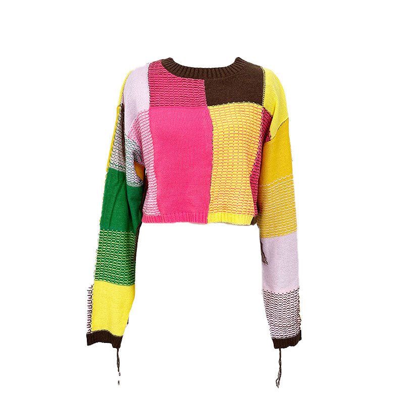 Damen modischer cropped Pulli mit buntem Patchwork-Design Merchesia