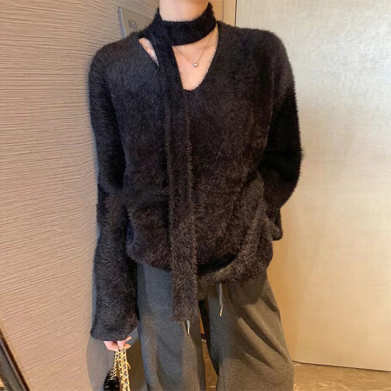 Damen Grobstrickpullover mit tiefem V-Ausschnitt und schicker Banddetails Merchesia