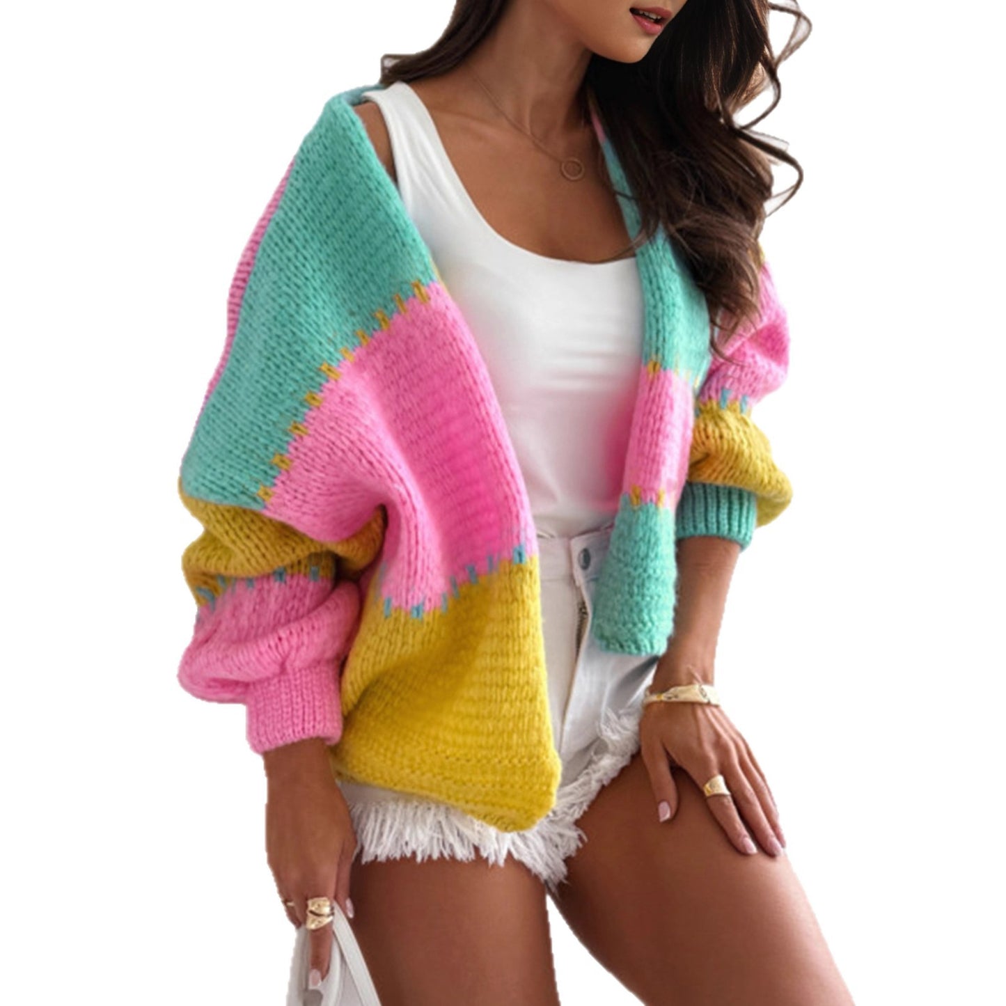 Damen lässige Oversized-Strickjacke mit buntem Blockdesign Merchesia