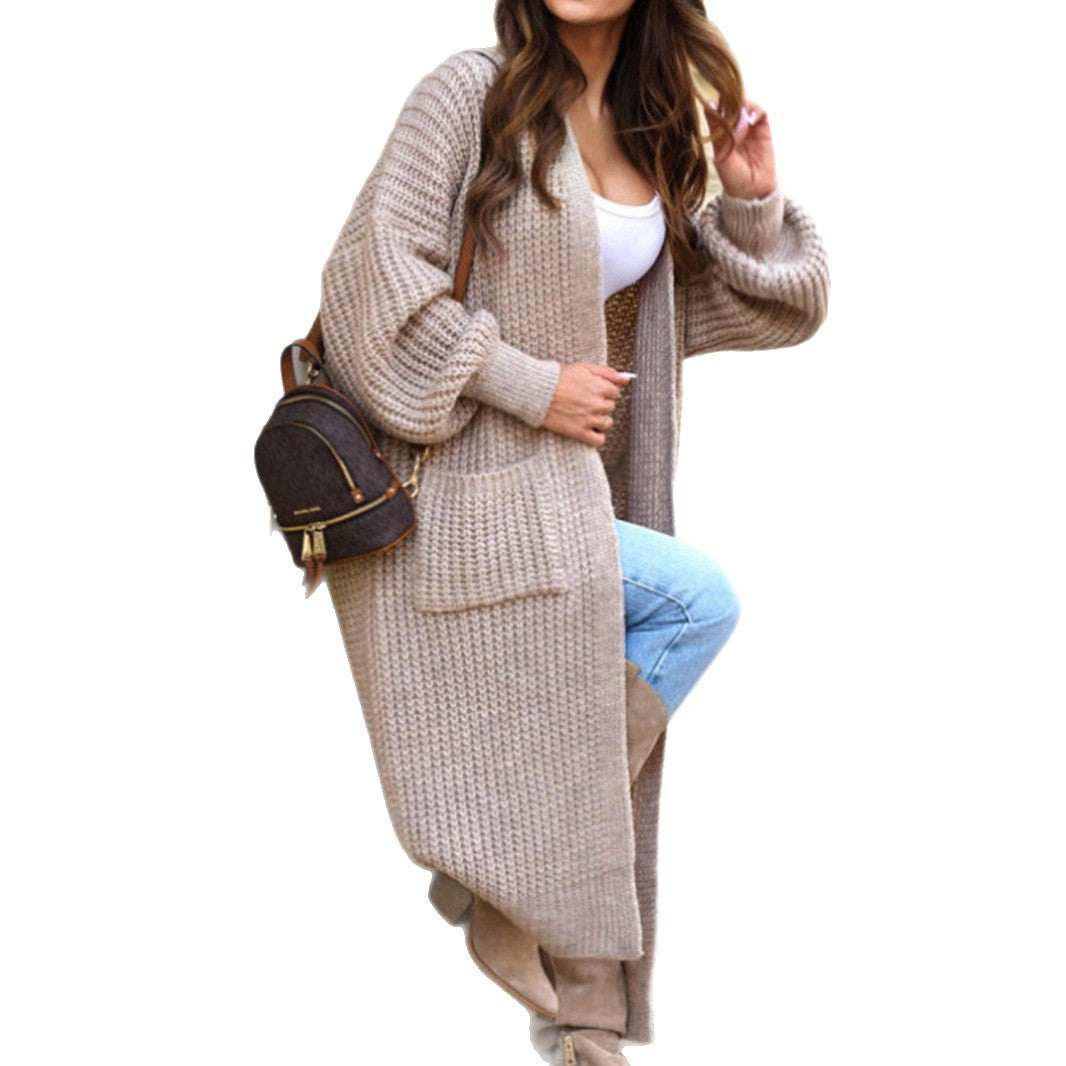 Damen Strickmantel mit Taschen und ballonförmigen Ärmeln Merchesia