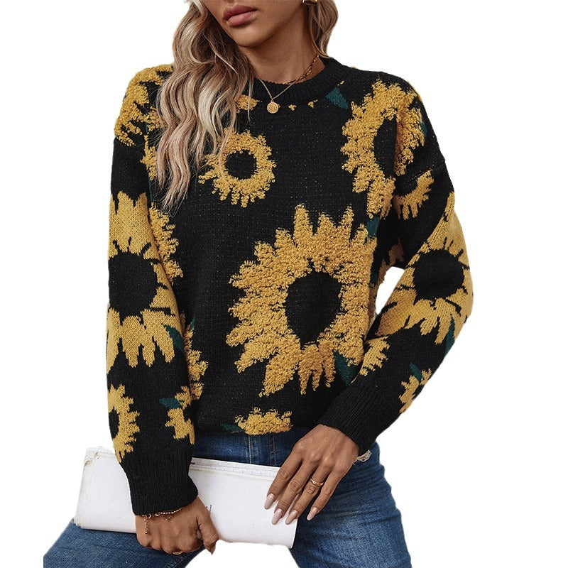 Damen kuscheliger Pullover mit Sonnenblumenmotiv Merchesia