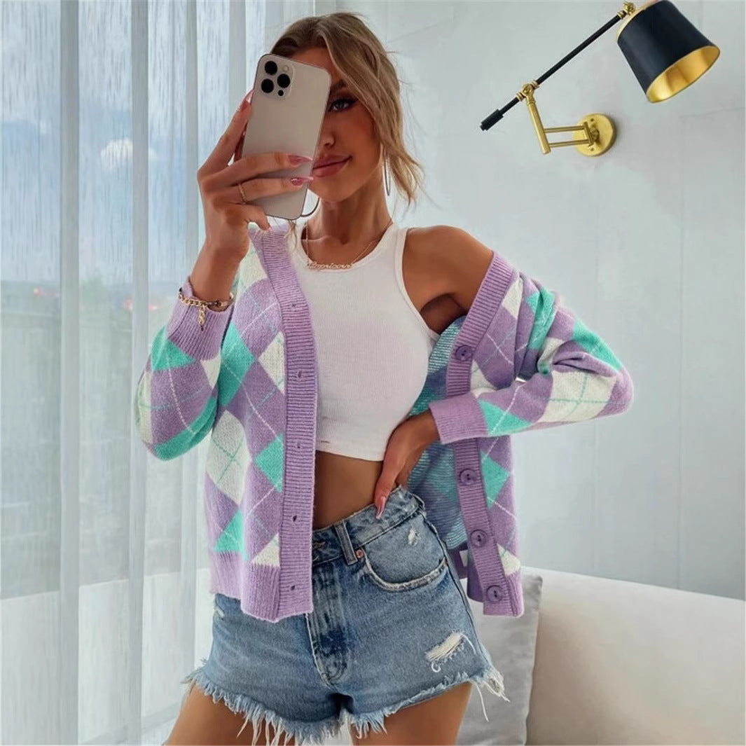 Damen Karierte Strickjacke mit Knöpfen und V-Ausschnitt Merchesia