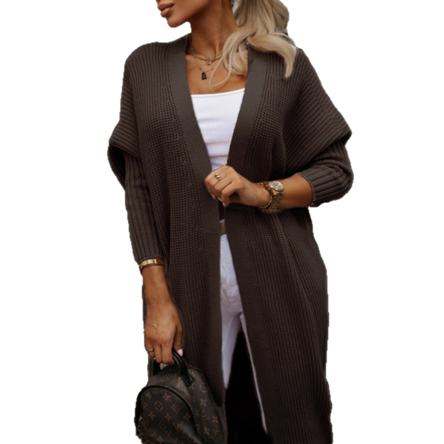 Damen modische Langarm Strickjacke mit offenem Schnitt und Waffelmuster Merchesia