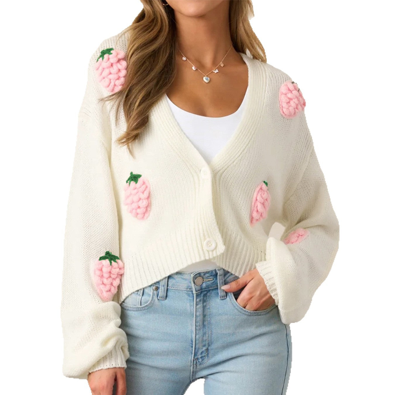 Damen lässige Strickjacke mit fruchtigen Applikationen und offenen Ärmeln Merchesia