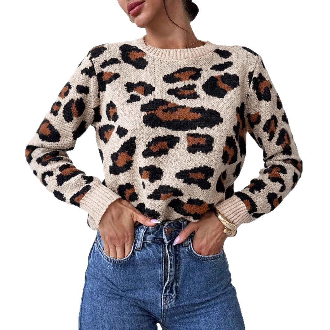Damen kuscheliger Strickpullover mit Leopardenmuster und überschnittenen Schultern Merchesia