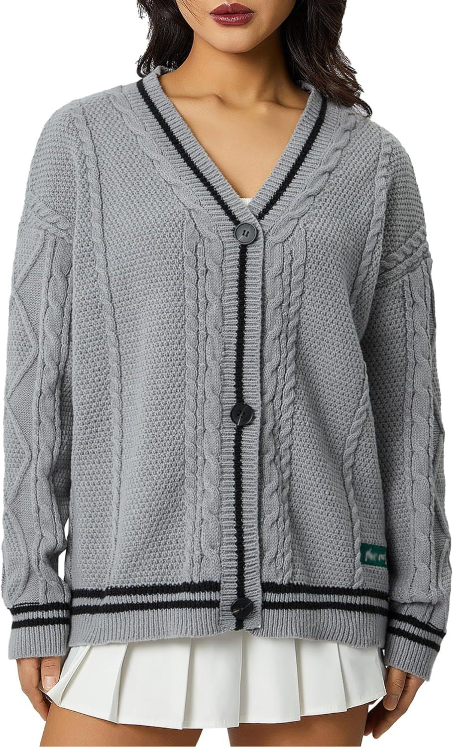 Damen Grob gestrickte Cardigan mit Sternenapplikationen und Knopfverschluss Merchesia