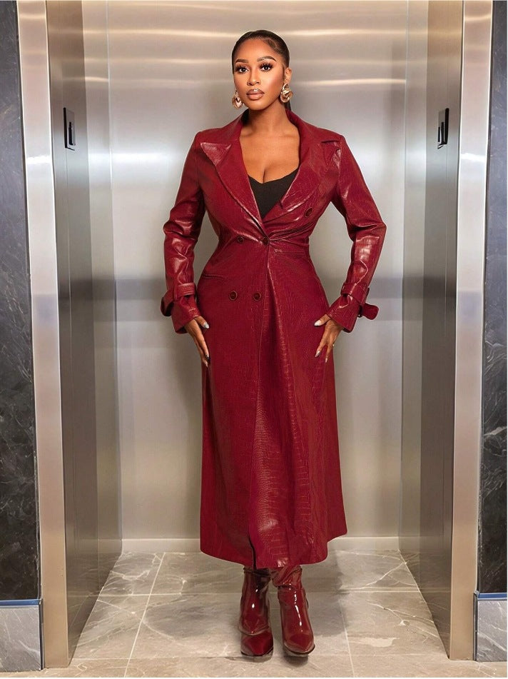 Damen Eleganter und modischer Trenchcoat aus Kunstleder Merchesia