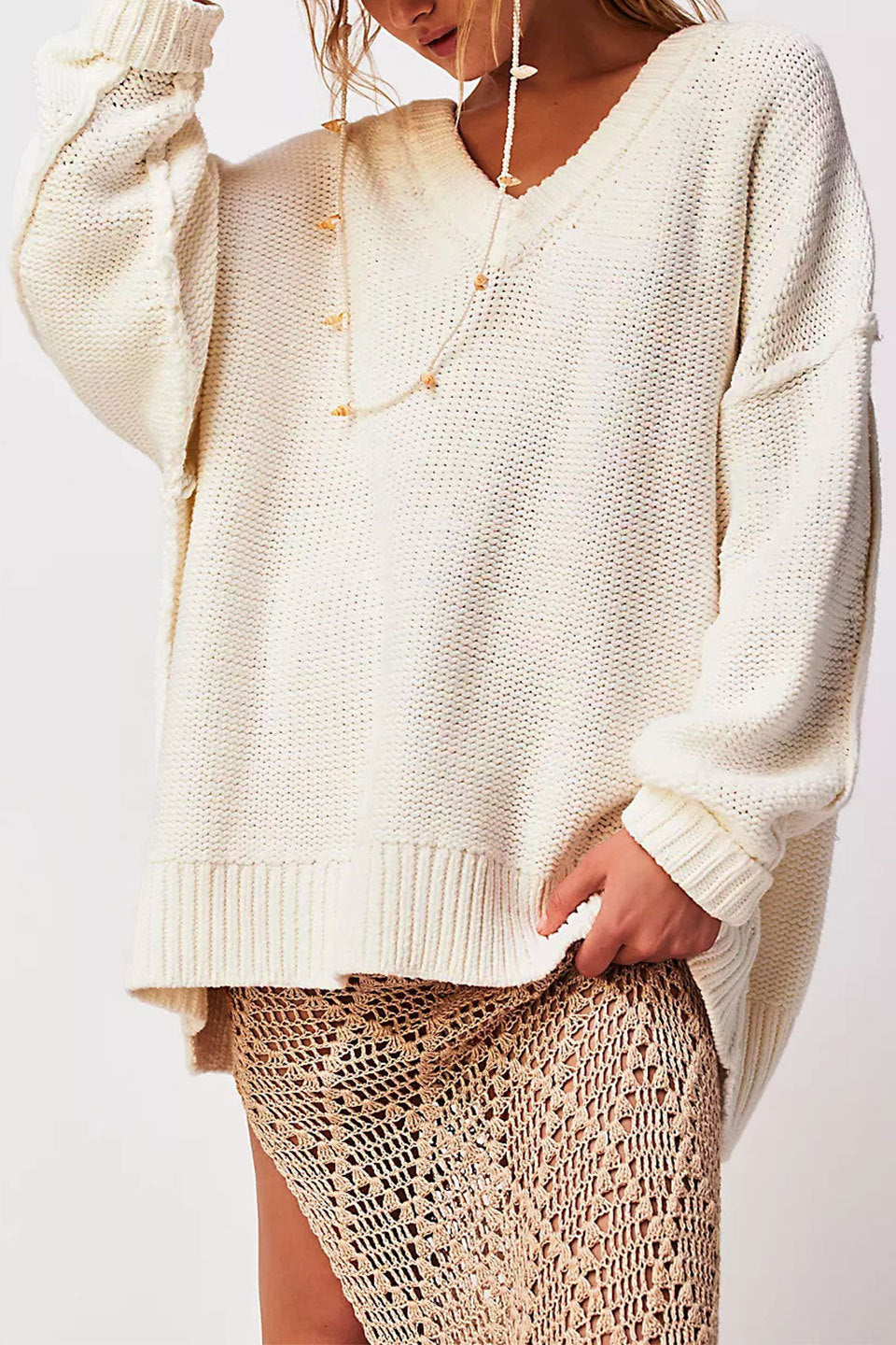 Damen V-Ausschnitt Oversized Pullover mit strukturiertem Strickmuster Merchesia