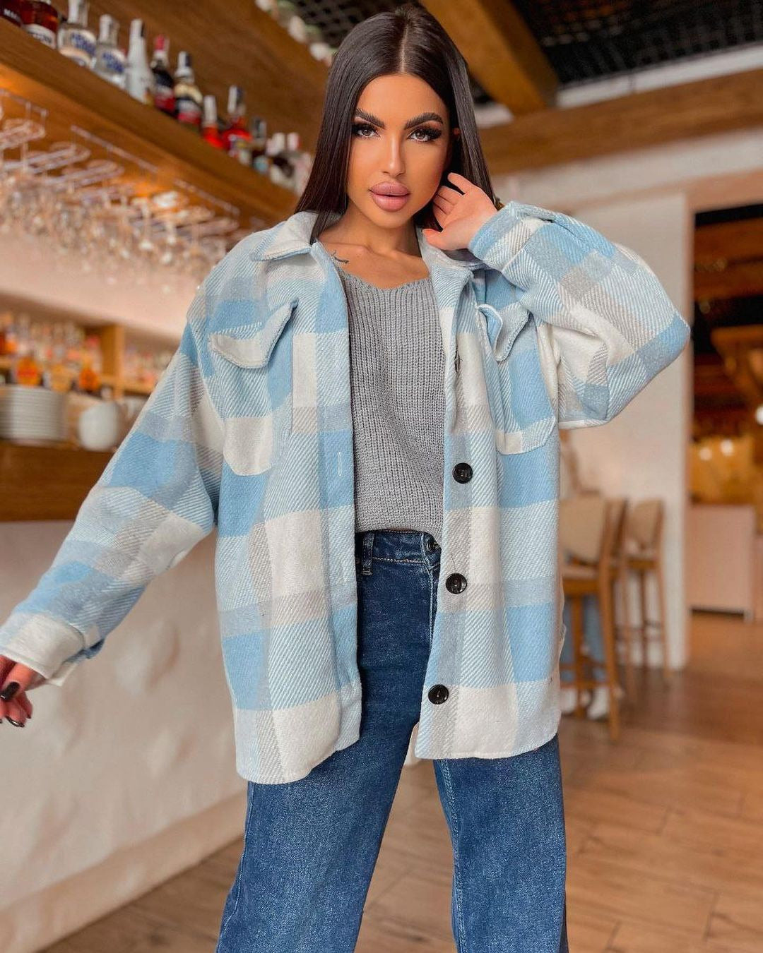 Damen Karierte overshirt mit weichem Fleece und Druckknopfverschluss Merchesia