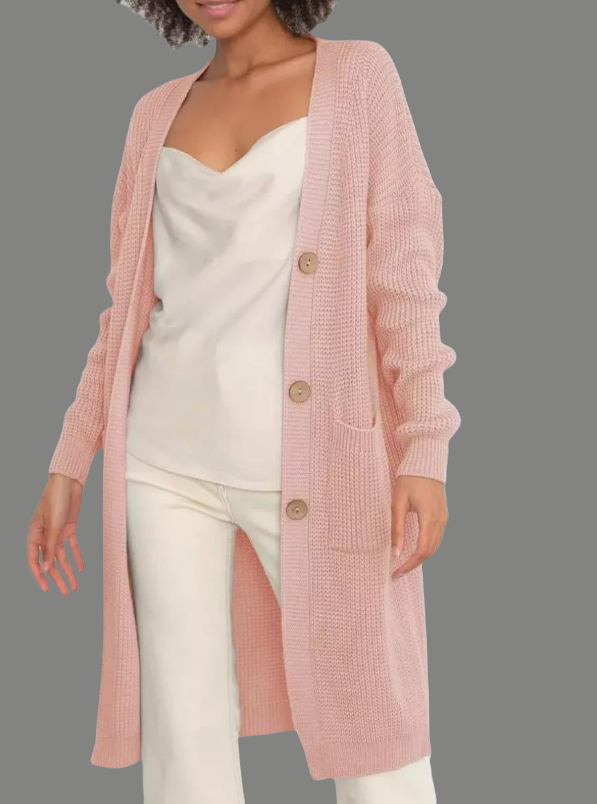 Damen Lange Strickjacke mit Knopfdetails und praktischen Taschen Merchesia