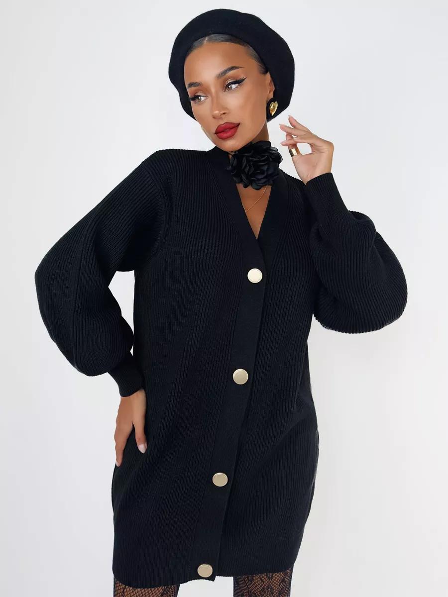 Damen Strickjacke mit Puffärmeln und Knopfdétails Merchesia