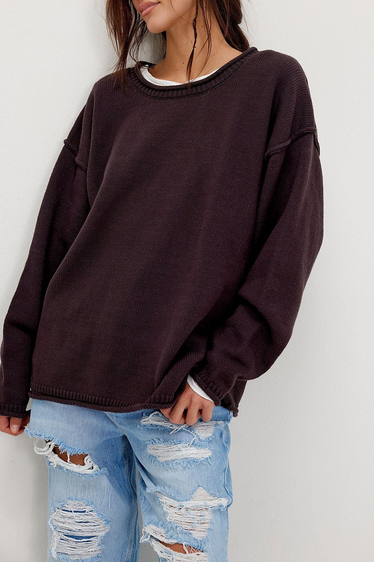 Damen lässiger Strickpullover mit weiten Ärmeln und Rippenstruktur Merchesia