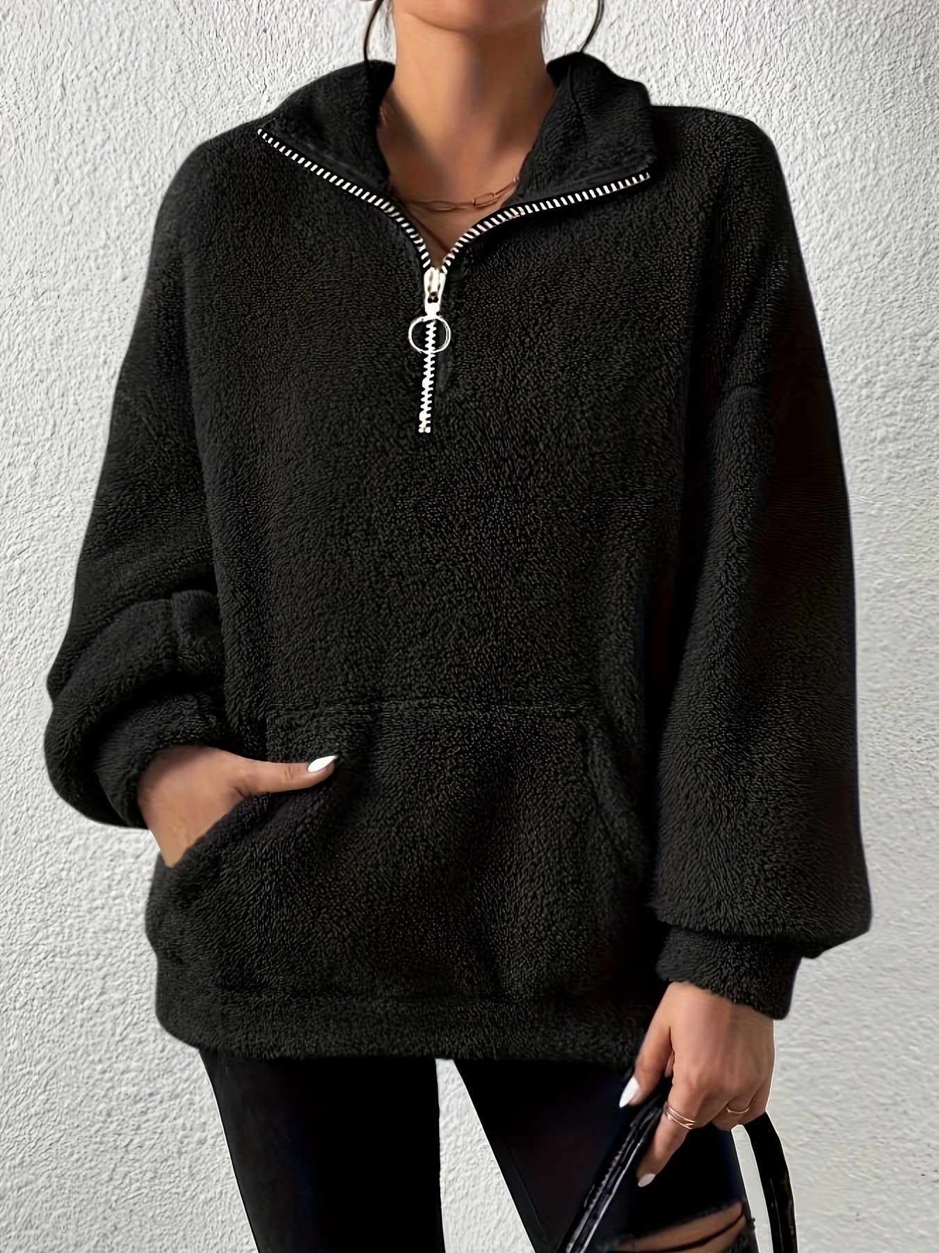 Damen kuscheliger Fleece-Pullover mit halbem Reißverschluss und Seitentaschen Merchesia