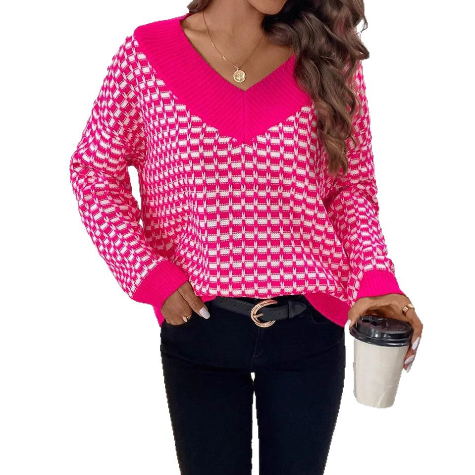 Damen Strickpullover mit V-Ausschnitt und modernem Karomuster Merchesia