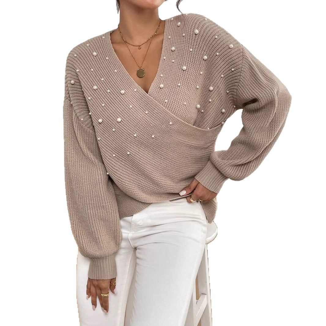 Damen offener Strickpullover mit Perlendetails Merchesia