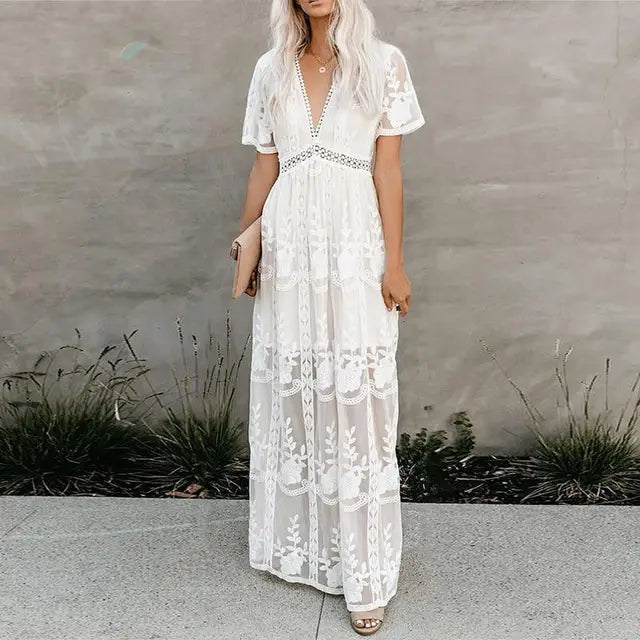 WW | Weißes Spitzenkleid Mit V-ausschnitt