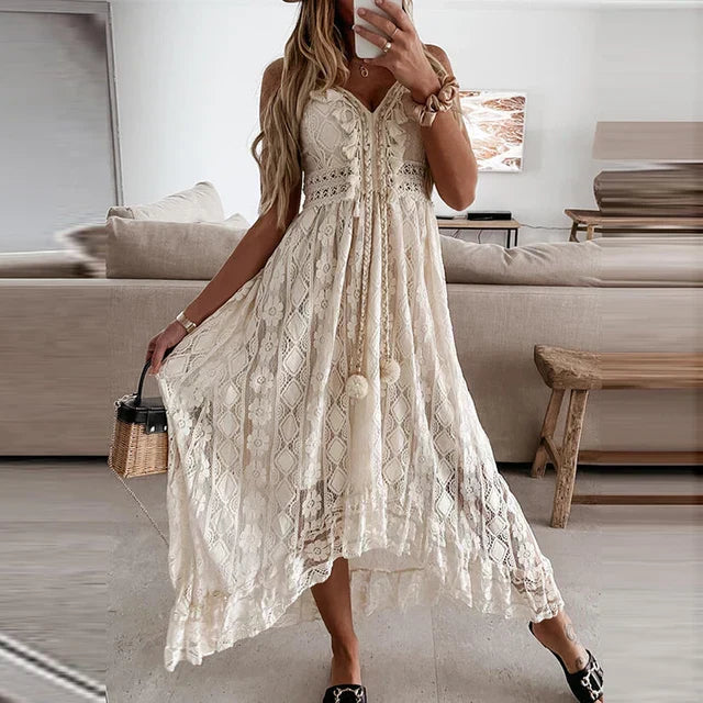 WW | Weißes Spitzenkleid Mit V-ausschnitt