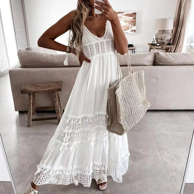 WW | Weißes Spitzenkleid Mit V-ausschnitt