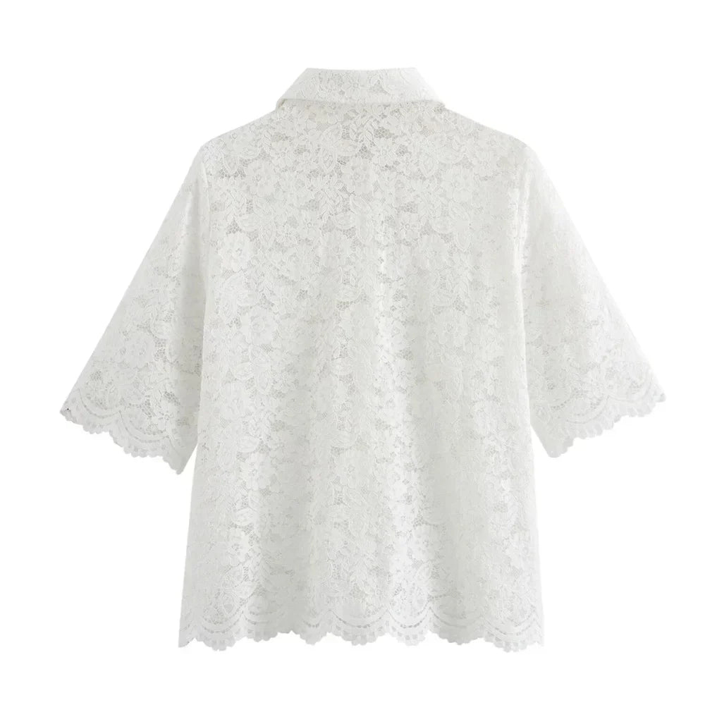 Merche - Kurzes Shirt mit Spitze - kurze Ärmel - Hosenset - Alle Jahreszeiten