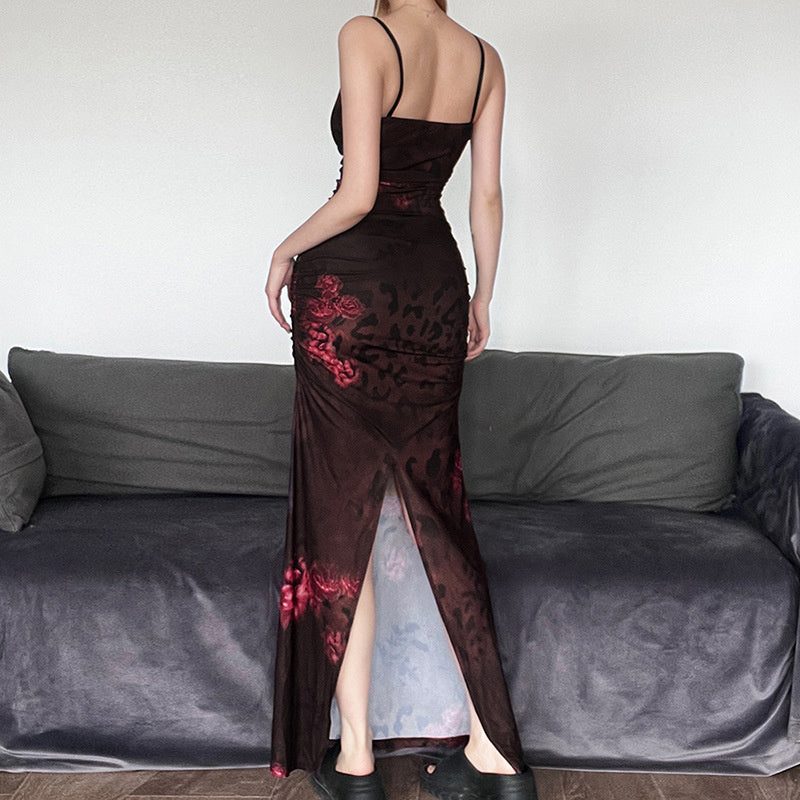 Bodycon Maxi Kleid mit Blumendruck und gerafftem Netz