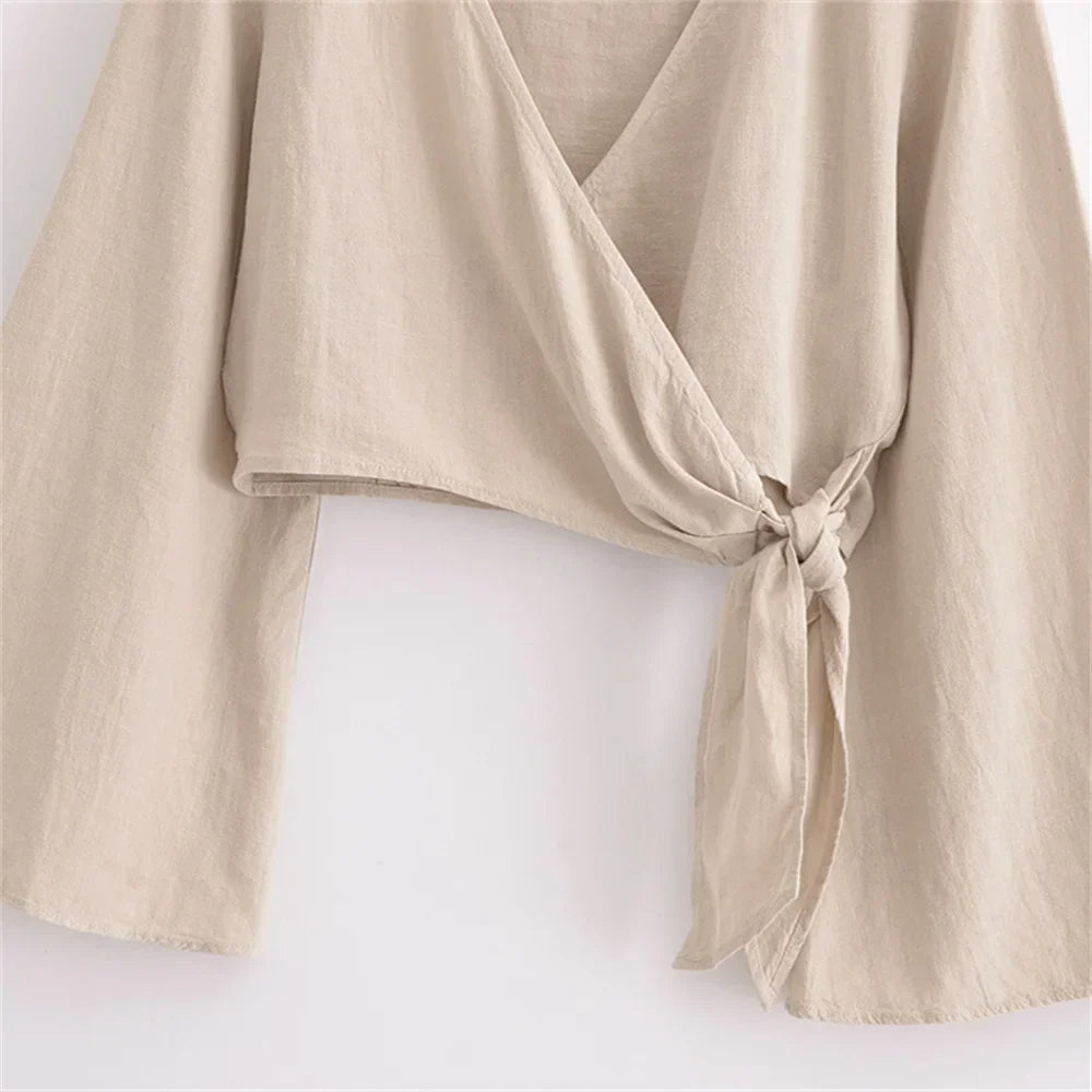 Merche - Top & Hosen Set - Wickel-Kurzarm - Langarm - V-Ausschnitt Weites Bein - Sommer