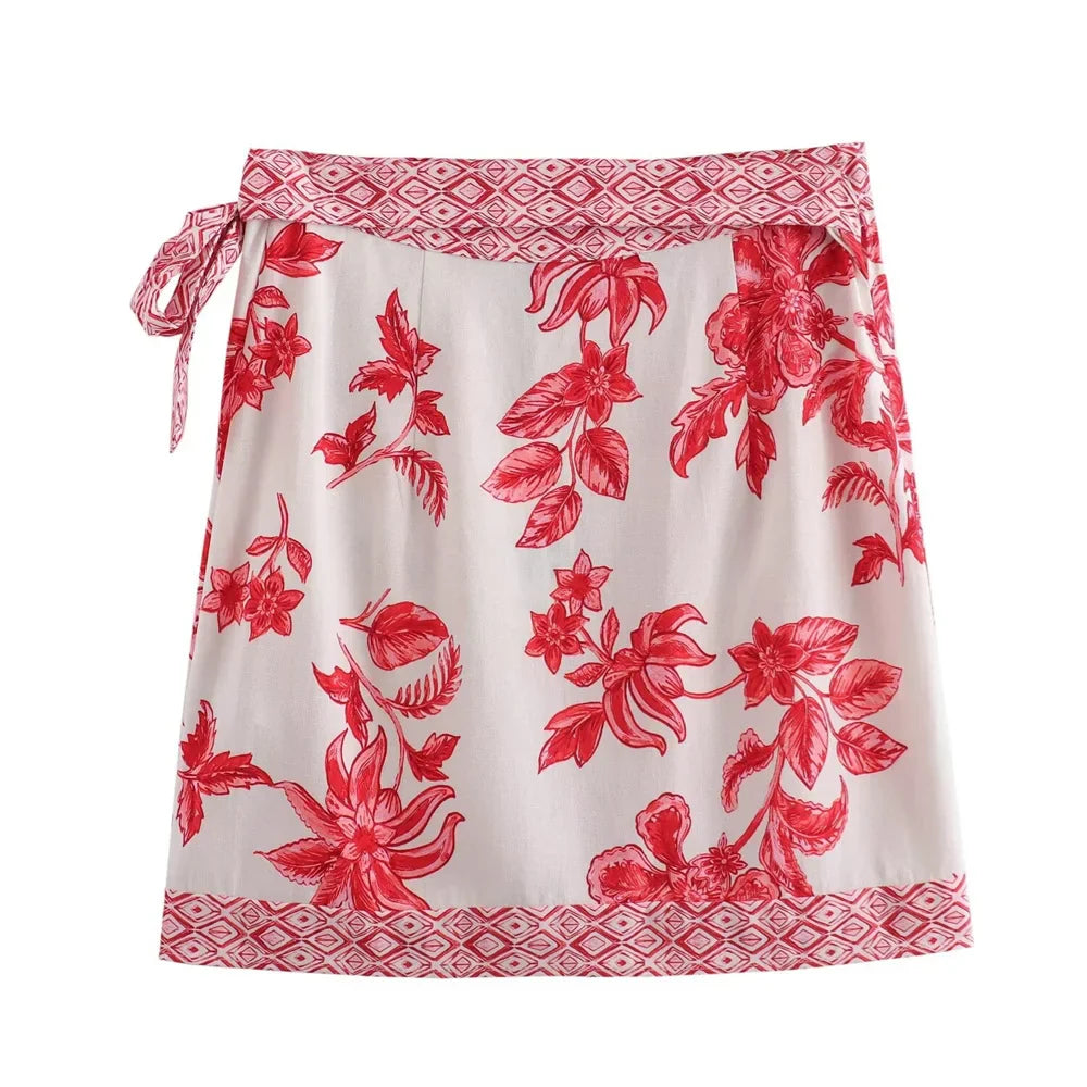 Merche - Hemd & Rock Set - Blumenmuster - Hohe Taille Leinen - Sommer