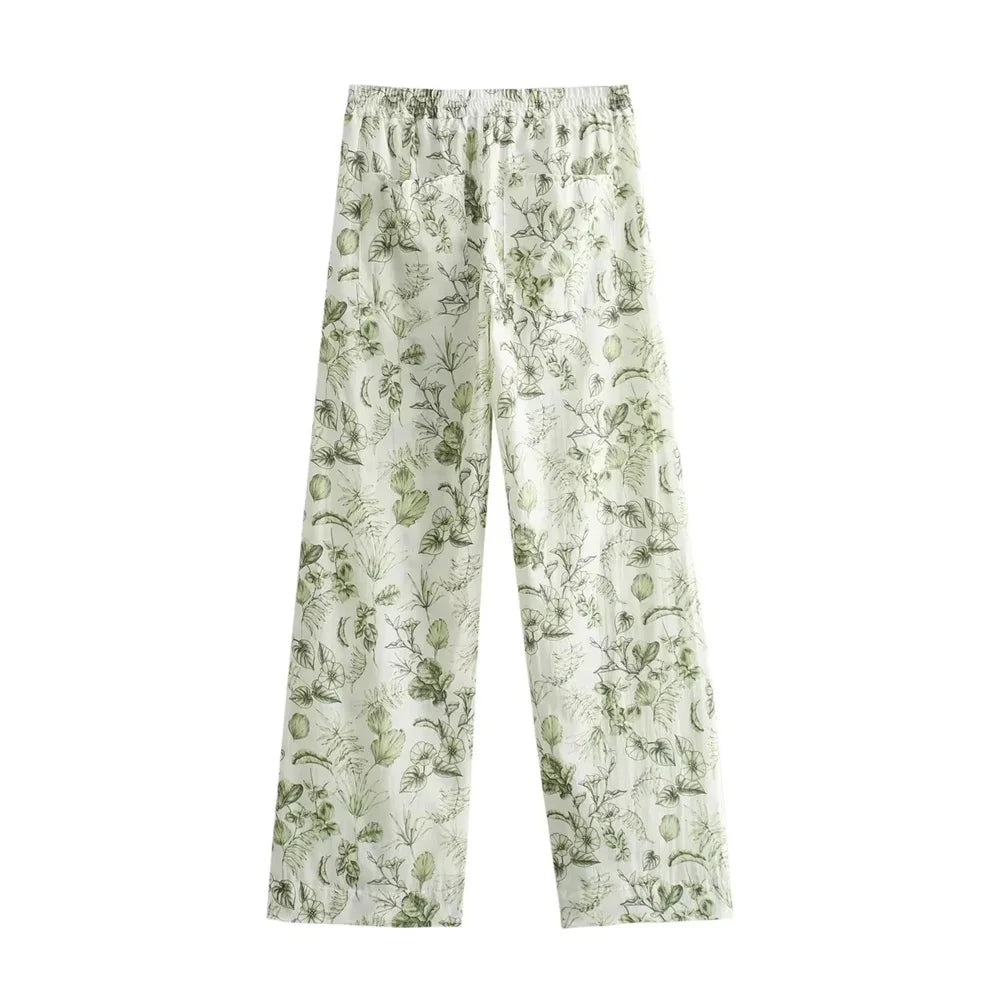 Merche - Polokragen Langarm-Shirt High Waist Print Hosen Set - Alle Jahreszeiten