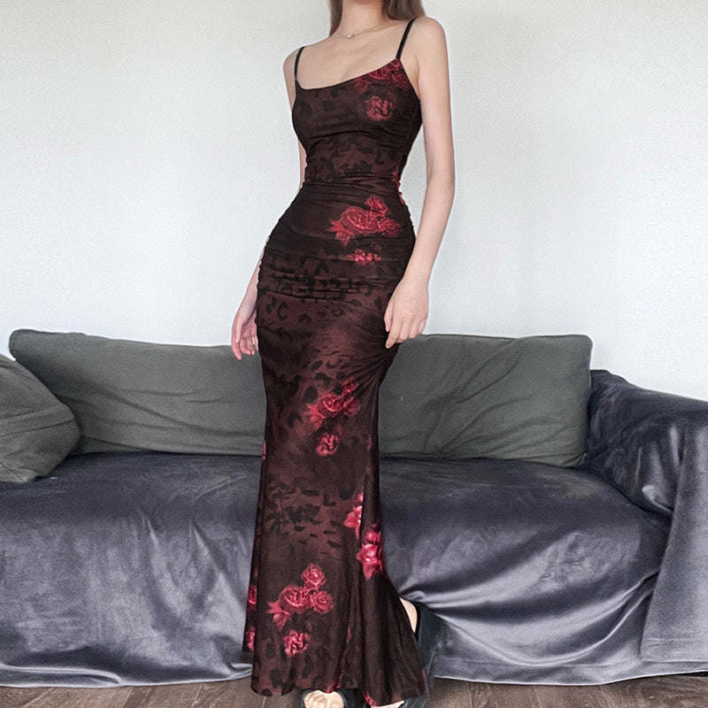Bodycon Maxi Kleid mit Blumendruck und gerafftem Netz