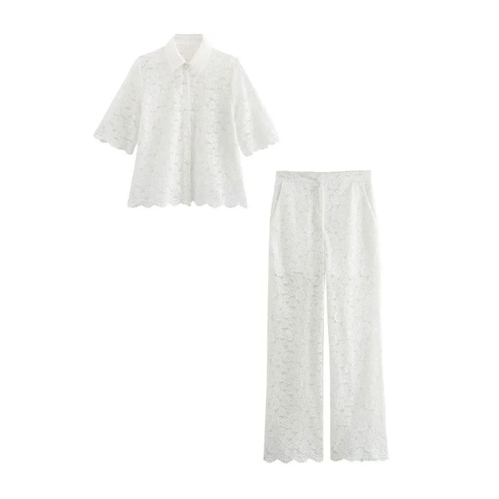 Merche - Kurzes Shirt mit Spitze - kurze Ärmel - Hosenset - Alle Jahreszeiten
