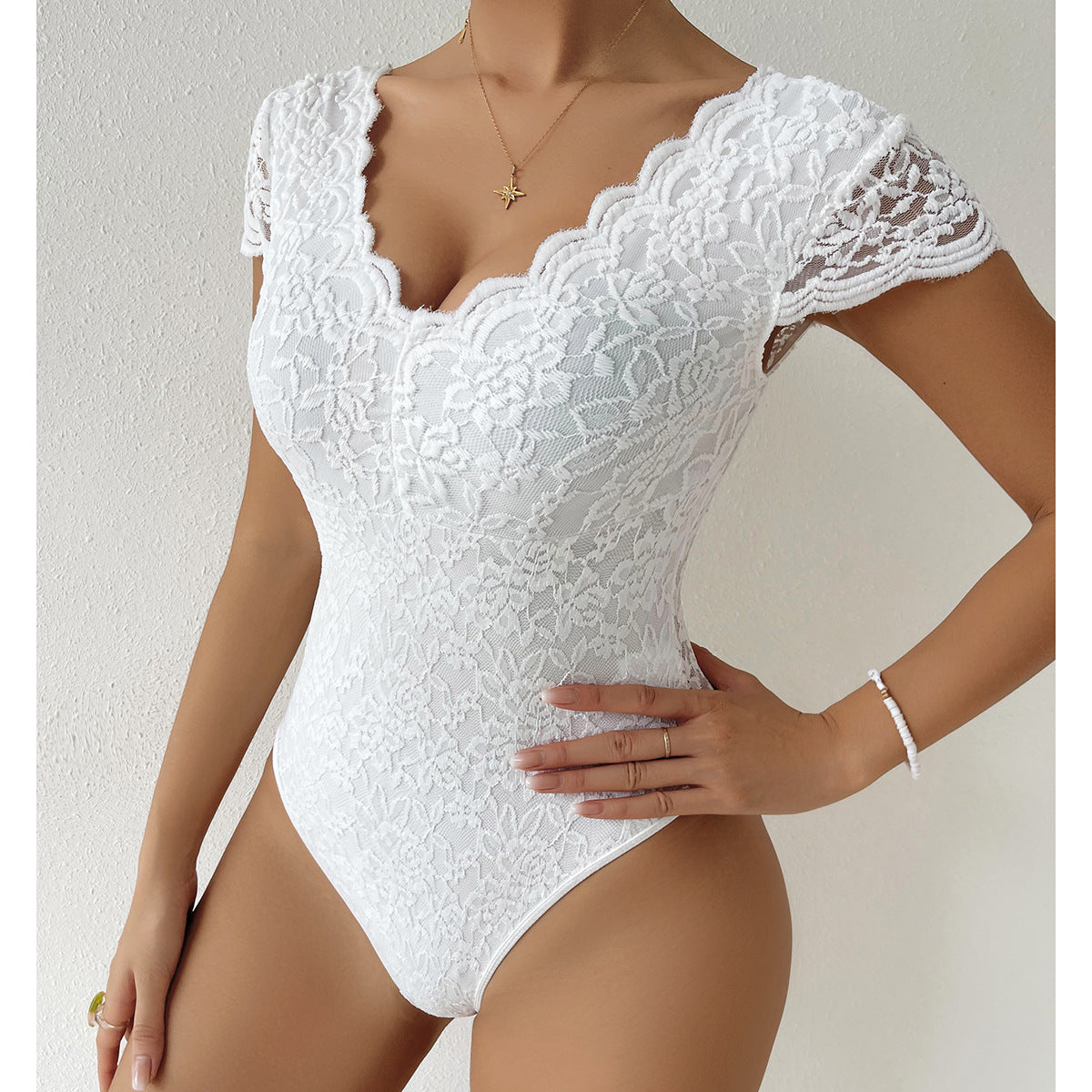 Bodycon Kurzarm V-Ausschnitt Spitze Body Anzüge