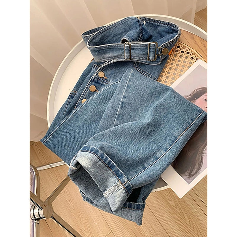 WW | Weinlese Denim Overall, Weit Geschnittene Hosenbeine, Hohe Taille, Gerade Jeans