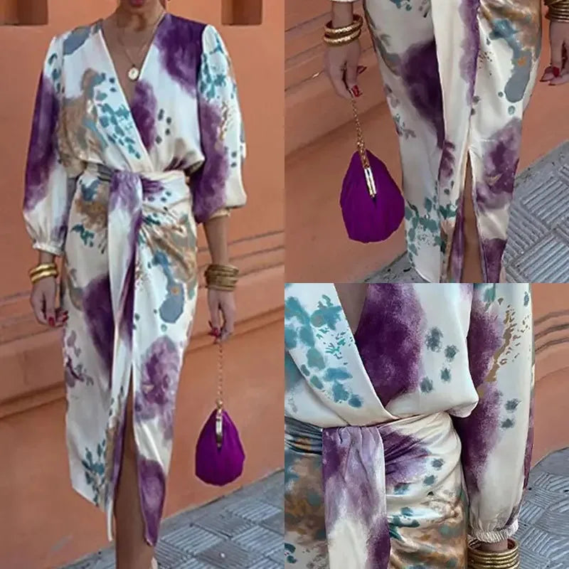Batik-Wickel-Midikleid mit Puffärmeln