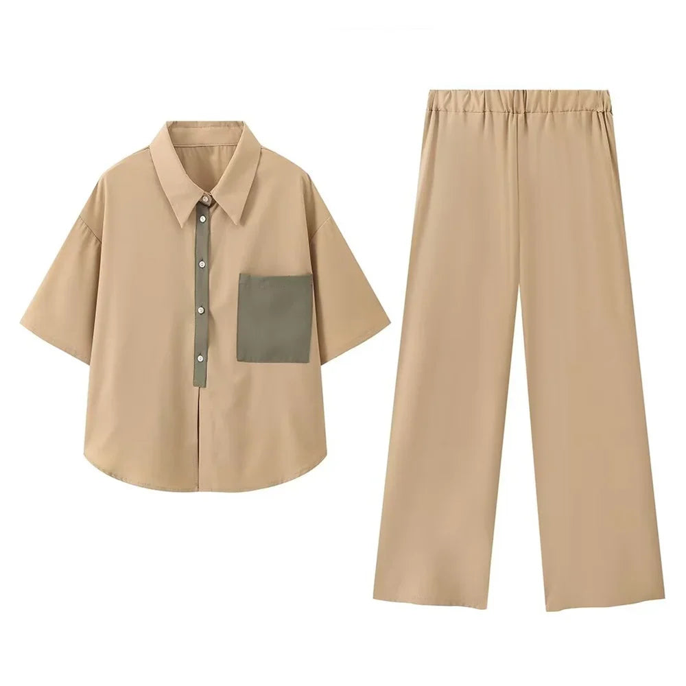 Merche - Shirt und Hose Set - Farbige kurze Ärmel - Weite Beine - Alle Jahreszeiten