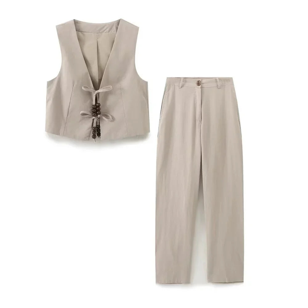 Merche - Tank Top und Hosen Set - Perlenschleife Leinenmischung - Sommer