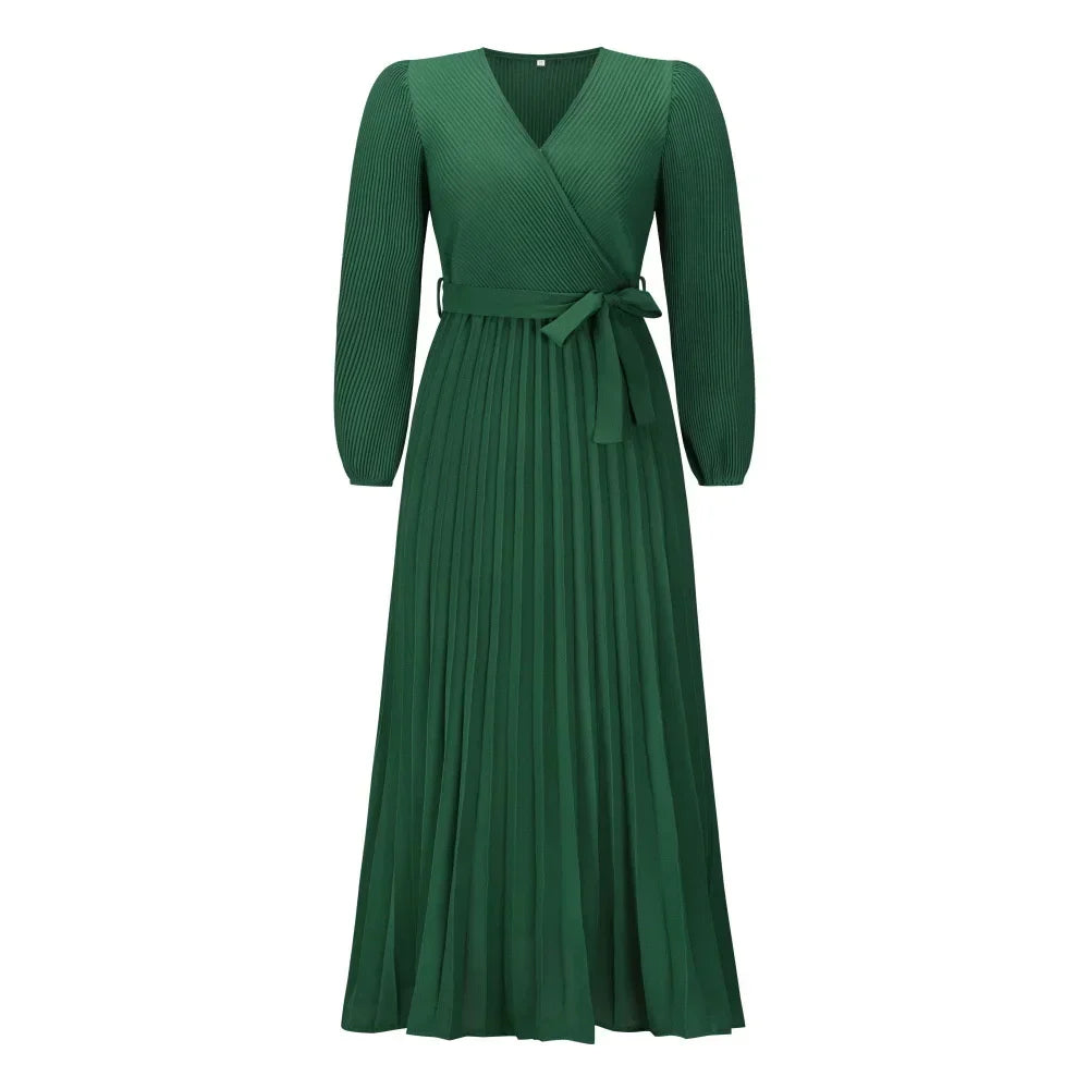 Langärmliges Plisseekleid in Maxilänge mit Taillenband