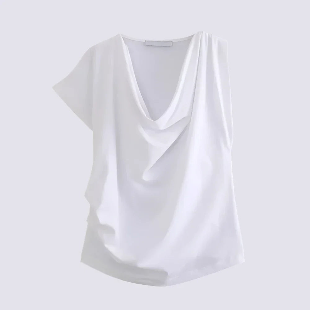 Merche - Oberteile - Polyester/Leinen - Tiefer Ausschnitt Asymmetrisch - Plissee T-Shirt - Sommer