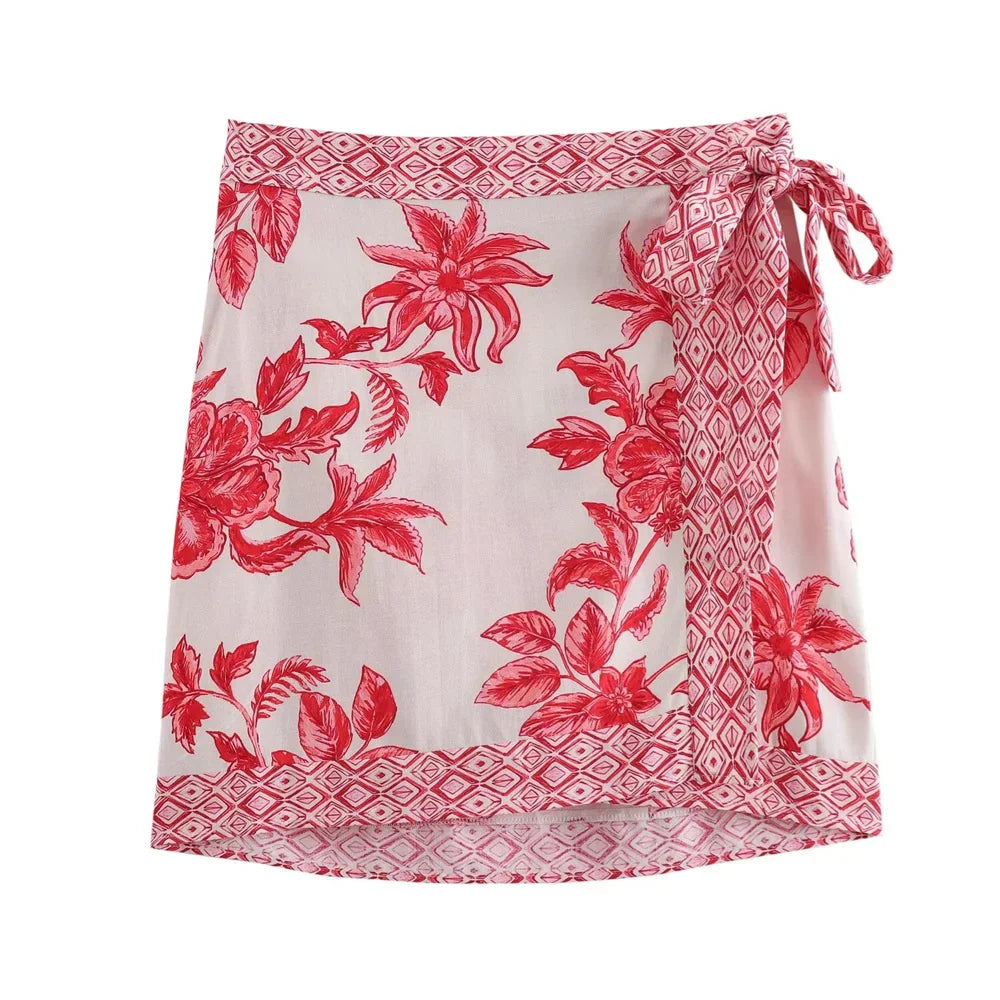 Merche - Hemd & Rock Set - Blumenmuster - Hohe Taille Leinen - Sommer