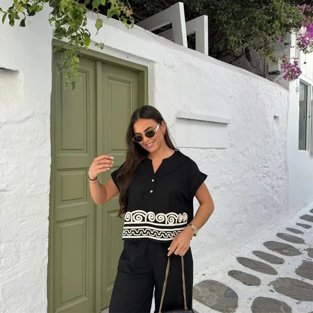 Merche - Outfit-Sets - Polyester - T-Shirt mit Stickerei - Hose mit weitem Bein - Sommer