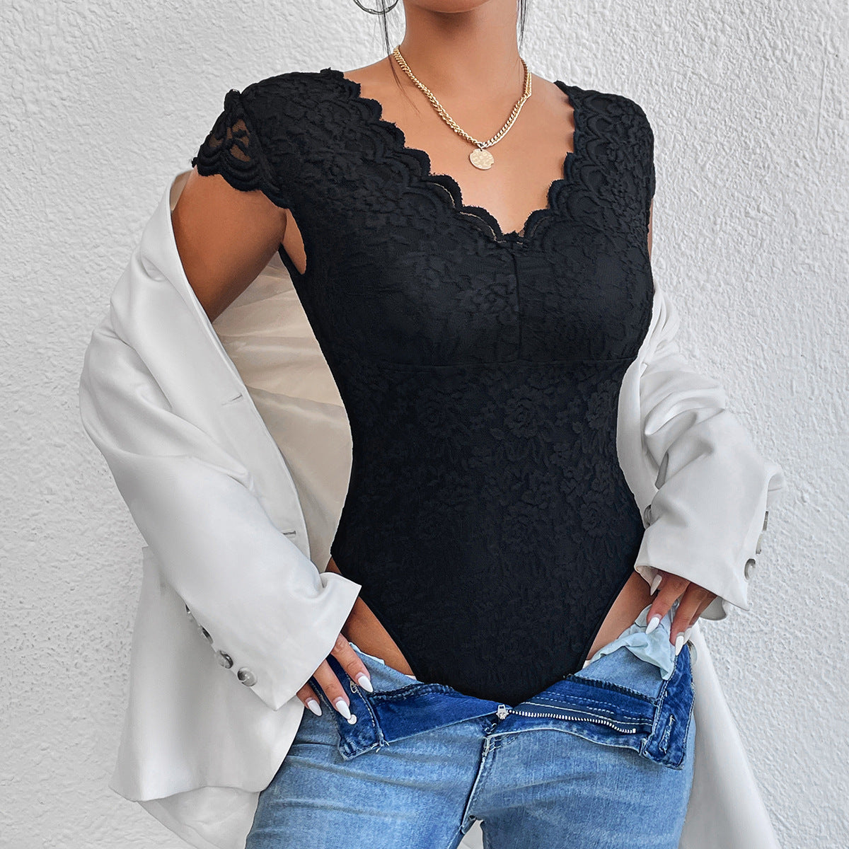 Bodycon Kurzarm V-Ausschnitt Spitze Body Anzüge